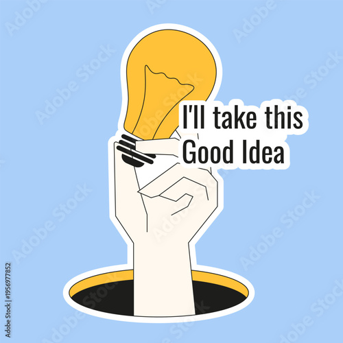 Business Idea vector Sticker template design. Geometric hand drawn hand with light bulb and Business Idea bold message isolated background. Perfect for social media and web Business work concept tag.