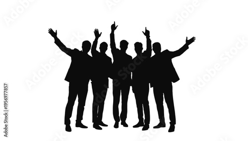 Five businessmen silhouettes celebrate success with raised arms in a dynamic pose against white.