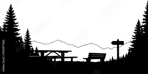 Vector silhouette of picnic table and benches in forest
