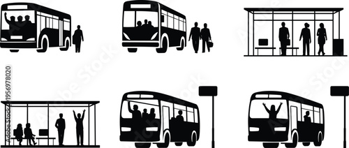 Black and white of people waiting for and boarding buses at bus stops