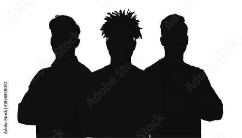Three male figures stand together in a solid black silhouette against a bright white background for graphic.