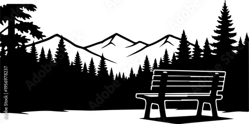 Vector illustration of black park bench with mountain and forest background