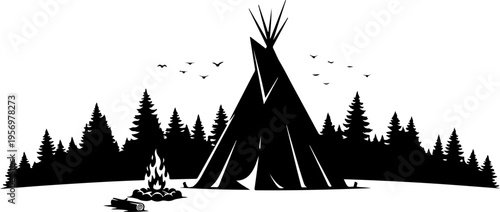 Black silhouette of a teepee in a forest vector