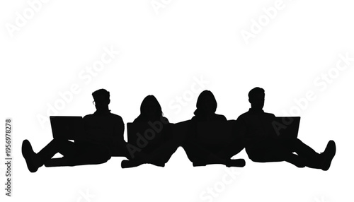 Four individuals sit in a row using laptops while leaning back against a white surface.