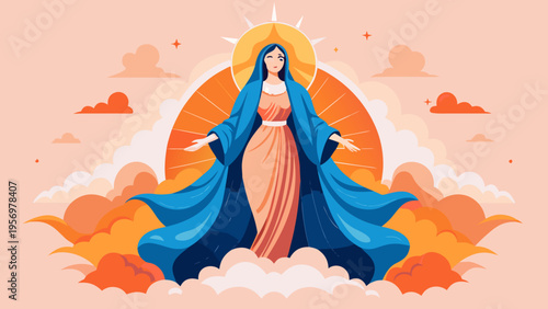 Modern Flat Vector Illustration of the Blessed Virgin Mary with Halo and Divine Light Amidst Clouds, Symbolic Religious Spirituality Concept