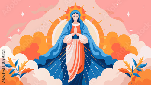 Vibrant Vector Illustration of the Blessed Virgin Mary Praying amidst Celestial Sunbeams and Stylized Clouds