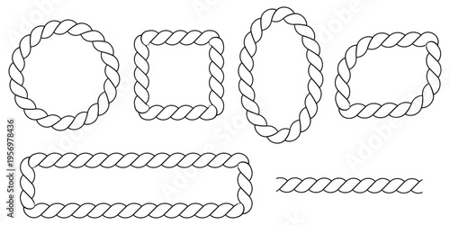 A collection of various geometric rope frames and a straight rope segment in black and white style
