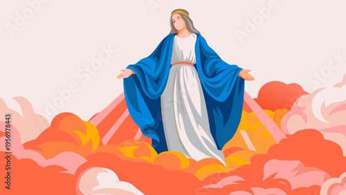 Blessed Virgin Mary Illustration Standing Among Heavenly Clouds with Outstretched Arms for Religious and Spiritual Design
