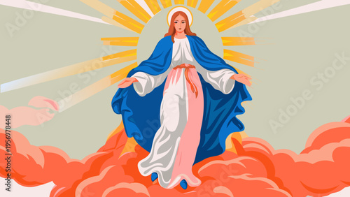 Religious Illustration of the Blessed Virgin Mary Our Lady of Grace with Divine Sunbeams and Heavenly Clouds for Catholic Devotion