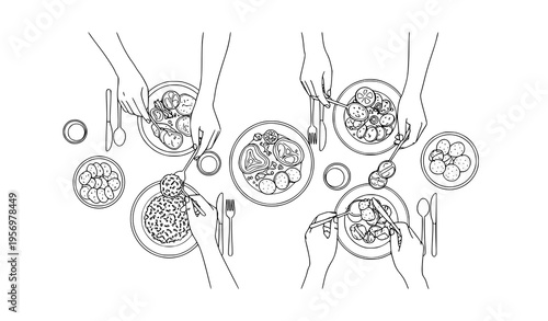Top view dining table with rice meat and potatoes black and white line art hands eating food vector illustration