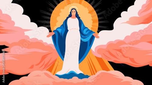 Religious Illustration of Virgin Mary Our Lady of Grace Standing in Heavens Surrounded by Divine Pink Clouds and Golden Radiating Light