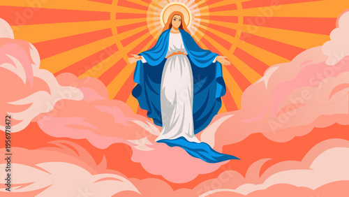 Blessed Virgin Mary Illustration Standing in Celestial Clouds with Radiant Sunburst Background for Christian Spiritual Concept