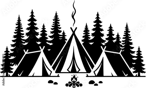 Vector illustration of camping tents and trees in black
