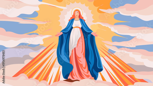 Modern Flat Illustration of the Blessed Virgin Mary Standing in a Celestial Sky with Radiant Divine Light and Clouds