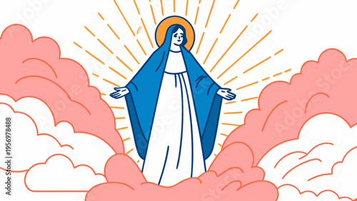 Modern Minimalist Illustration of the Virgin Mary with Outstretched Arms Amidst Pink Clouds and Golden Divine Rays