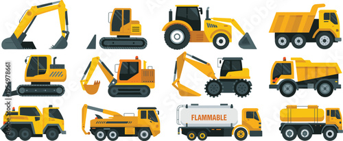 Construction machinery vector set with excavator bulldozer loader dump truck crane tanker vehicles heavy equipment illustration isolated design collection flat