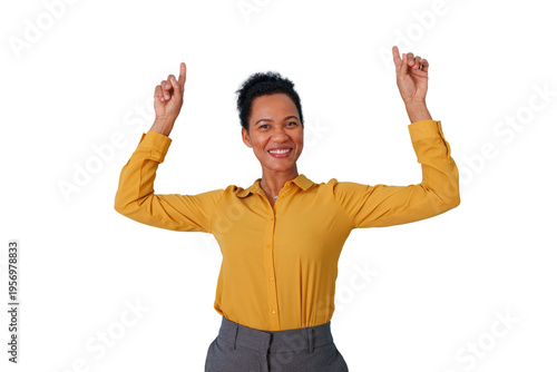 Happy smiling businesswoman raising arms and pointing up, indicating success and a positive outcome on transparent background