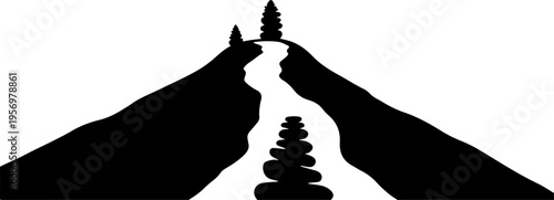 Black silhouette of mountain landscape with stone zen garden vector