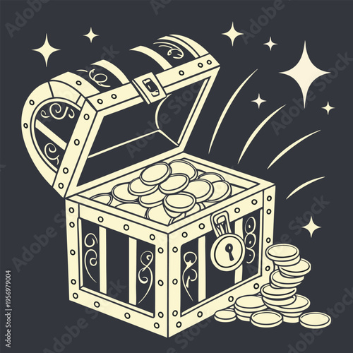 Detailed Treasure Chest Silhouette with Spilling Gold Coins Vector Illustration, Great for Finance and Gaming Themes