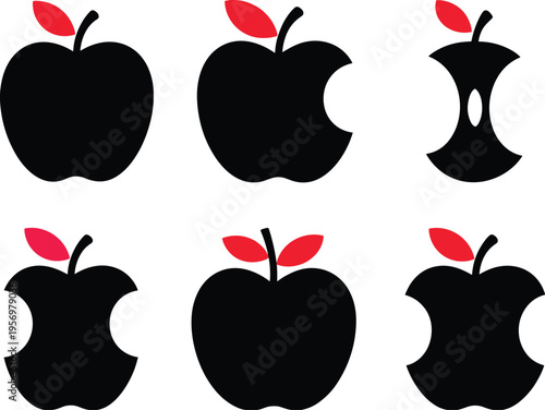 Five black apples with red leaves in different stages of being bitten leaf bite
