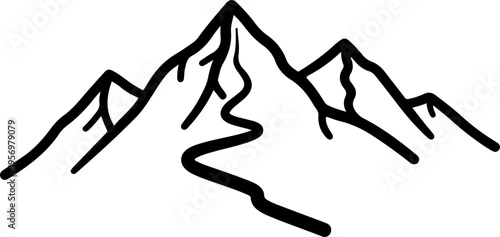 Vector mountain range icon, black outline on white background