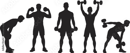 Five black silhouettes of people performing various weightlifting exercises with dumbbells