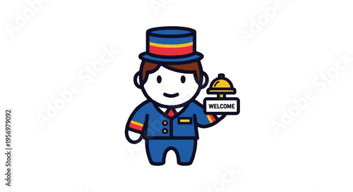 Cartoon bellhop with welcome sign and hat on white background