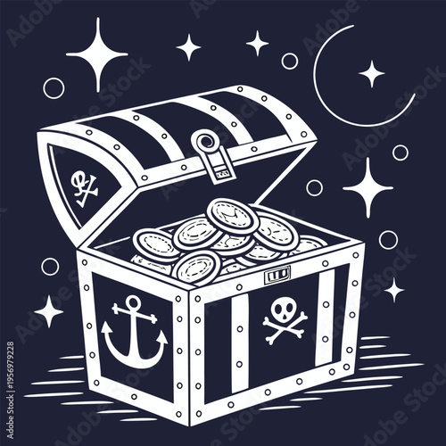 Minimalist Treasure Chest Silhouette Overflowing with Coins, Ideal Vector for Banking, Savings, and Financial Literacy