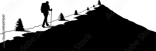 Vector silhouette of hiker on mountain peak with trees