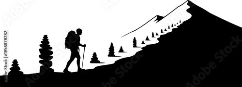 Vector silhouette of hiker climbing mountain with trees