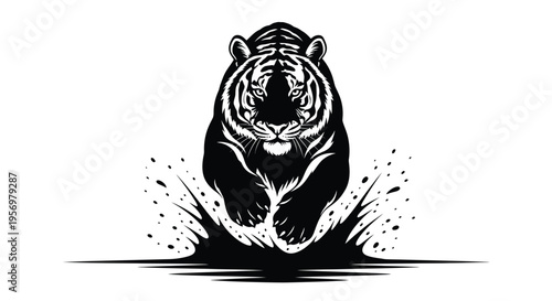 A striking black and white illustration of a tiger mid pounce