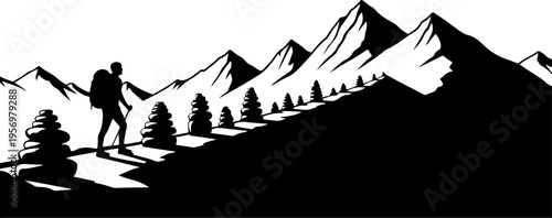 Vector silhouette of hiker in mountain landscape