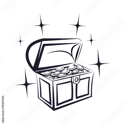 Dark silhouette of an ancient wooden treasure chest bursting with gleaming gold coins, symbolizing wealth and discovery.