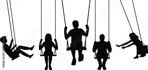 Five black silhouettes of people swinging on swings in various positions against a white background