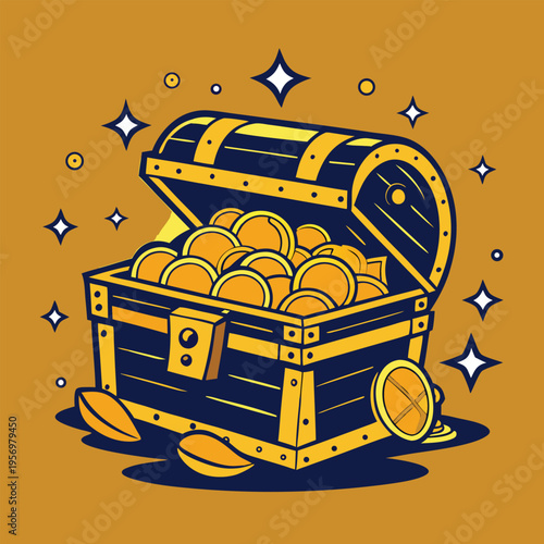 Stylized silhouette of a full treasure chest with gold coins spilling out, evoking concepts of gain, riches, and prosperity.