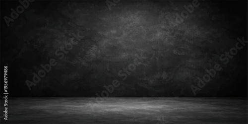 Dark smoky concrete floor background with black wall for product display