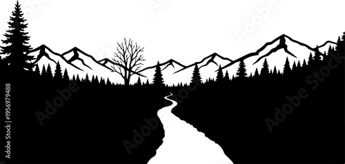 Black silhouette landscape with mountain range and forest vector