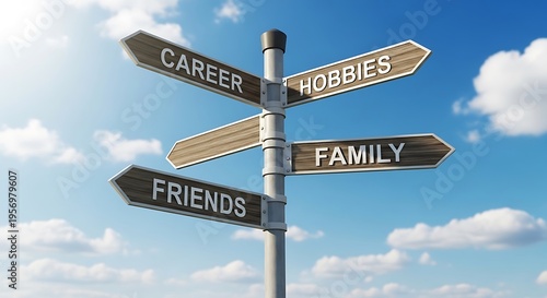 A signpost with multiple signs pointing in different directions representing life choices and priorities