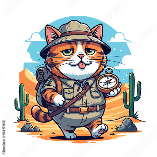 Konstfotografi Cute Explorer Cat in Desert Safari Outfit with Compass Illustration