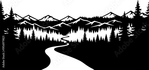Black silhouette landscape with mountain range and forest vector