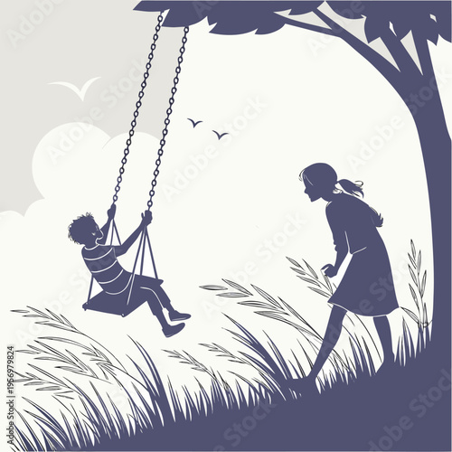 Minimalist silhouette of two kids interacting on a swing set, one pushing the other, embodying friendship and play.