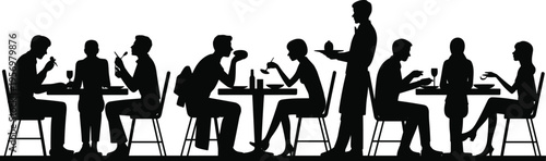 Silhouettes of people dining and interacting in a restaurant setting with a waiter serving food