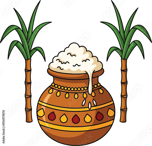 Pongal festival dish with sugarcane stalks illustration