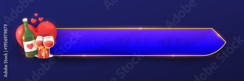 Luxury Blue Lower Third Banner with Love Hearts, Wine Bottle, Glasses and Gift - Elegant Romantic Broadcast Title