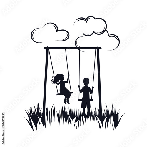 Elegant silhouette of two children enjoying a classic swing set, with one child soaring high, a symbol of freedom.