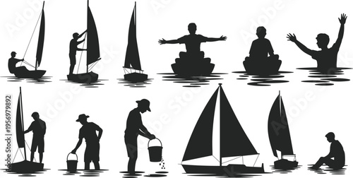 Silhouettes of people engaging in various water activities with sailboats and buckets