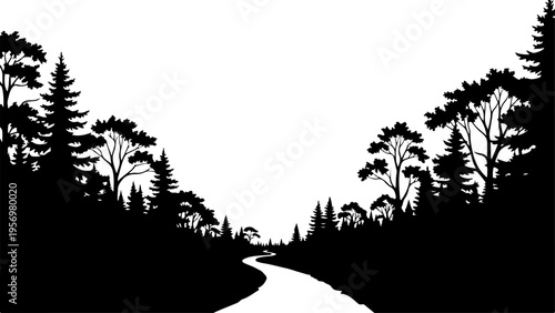 Vector forest road silhouette landscape