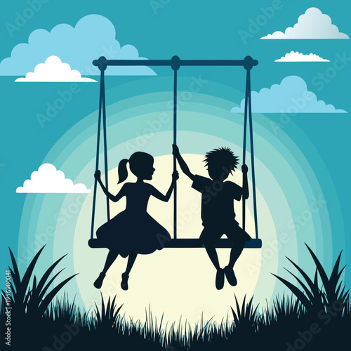 Iconic silhouette featuring two children on a swing set, one reaching for the sky, representing boundless energy.