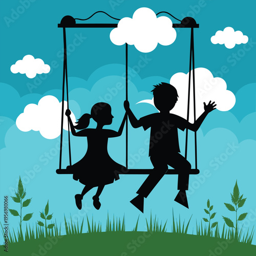 Expressive silhouette of two kids having a blast on a swing set, one in full motion, showcasing vibrant playtime.