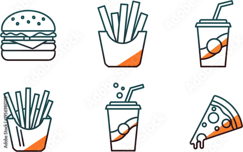 A collection of six minimalist line art icons depicting various fast food items such as a hamburger, french fries, soda drinks, and a pizza slice, with orange accents.